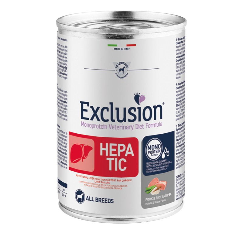 Exclusion Hepatic Pork and Rice and Pea para perros 400gr